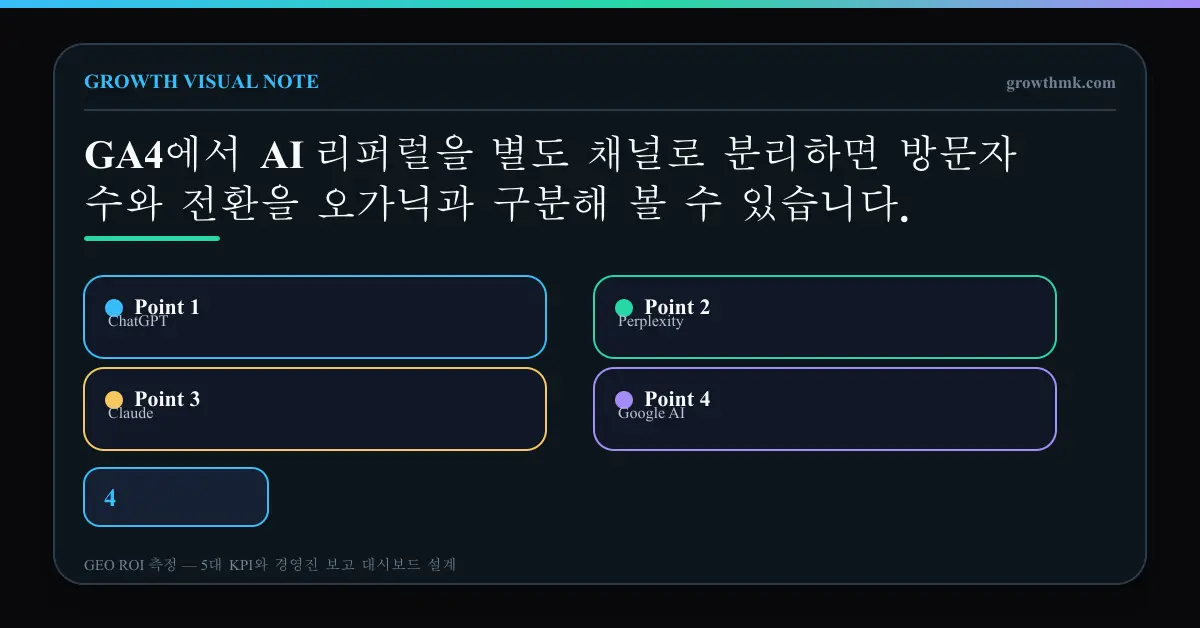 ChatGPT, Perplexity, Claude, Google AI, Bing Copilot 리퍼러를 정규식으로 묶어 GA4에서 AI 검색 채널을 분리하는 절차도