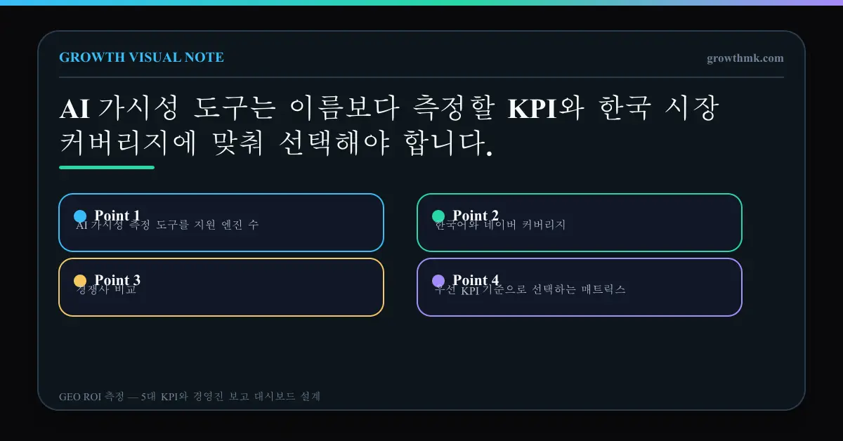 AI 가시성 측정 도구를 지원 엔진 수, 한국어와 네이버 커버리지, 경쟁사 비교, 우선 KPI 기준으로 선택하는 매트릭스
