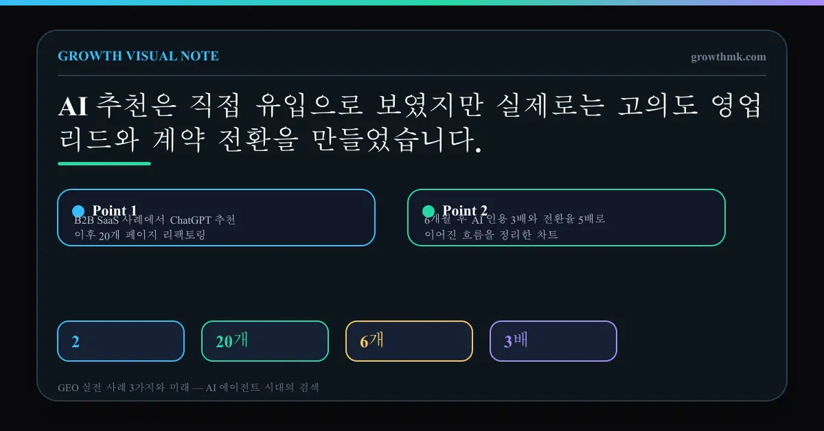 B2B SaaS 사례에서 ChatGPT 추천 이후 20개 페이지 리팩토링, 6개월 후 AI 인용 3배와 전환율 5배로 이어진 흐름을 정리한 차트