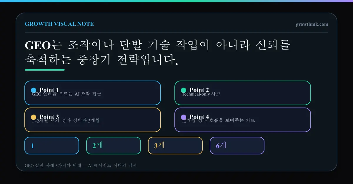 GEO 실패를 부르는 AI 조작 접근, Technical-only 사고, 1~2개월 단기 성과 강박과 3개월·6개월·12개월 성과 호흡을 보여주는 차트