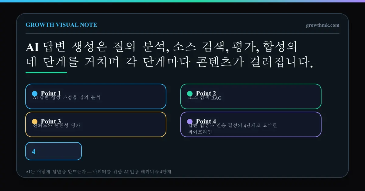 AI 답변 생성 과정을 질의 분석, 소스 검색 RAG, 신뢰도와 관련성 평가, 답변 합성과 인용 결정의 4단계로 요약한 파이프라인