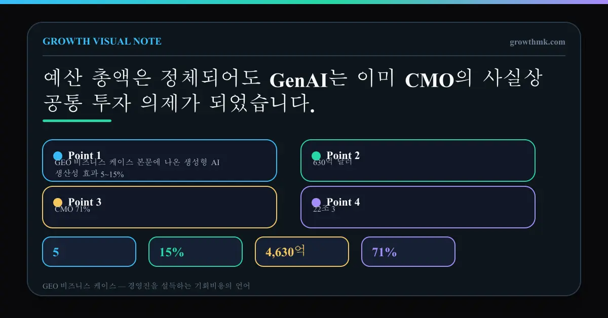 GEO 비즈니스 케이스 본문에 나온 생성형 AI 생산성 효과 5~15%, 4,630억 달러, CMO 71%, 22조 3,000억 달러, 예산 7.7%, 우선순위 아님 1%를 정리한 차트