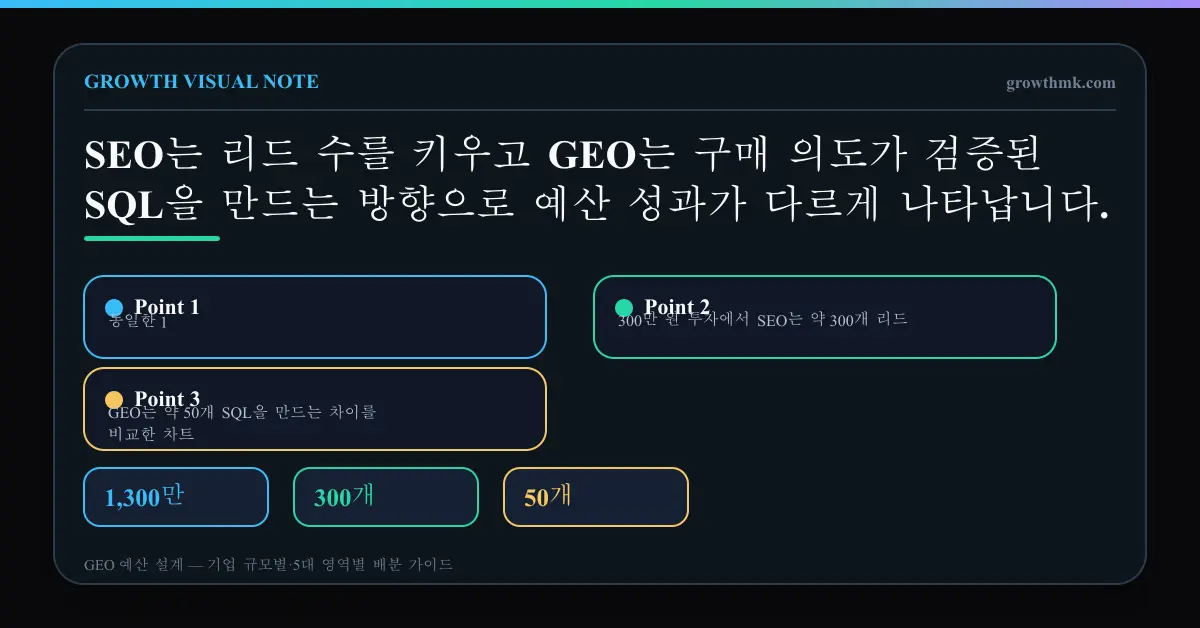 동일한 1,300만 원 투자에서 SEO는 약 300개 리드, GEO는 약 50개 SQL을 만드는 차이를 비교한 차트