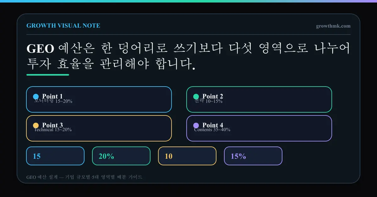 모니터링 15~20%, 전략 10~15%, Technical 15~20%, Contents 35~40%, Off-Page 15~20%의 GEO 예산 배분 범위를 보여주는 차트