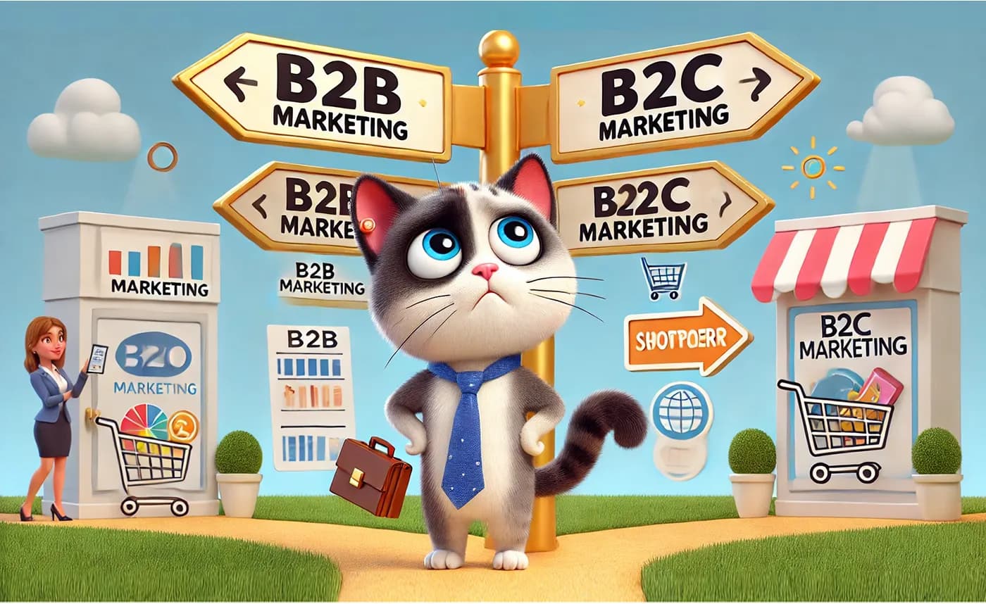 고양이 모습을 한 b2b마케터가 b2b마케팅, b2c마케팅 사이에서 고민하고 있다. 갈래길에서 b2b마케팅과 b2c마케팅이 갈리고 있고 고객과 전략 같은 항목들이 고양이를 혼란스럽게 한다.