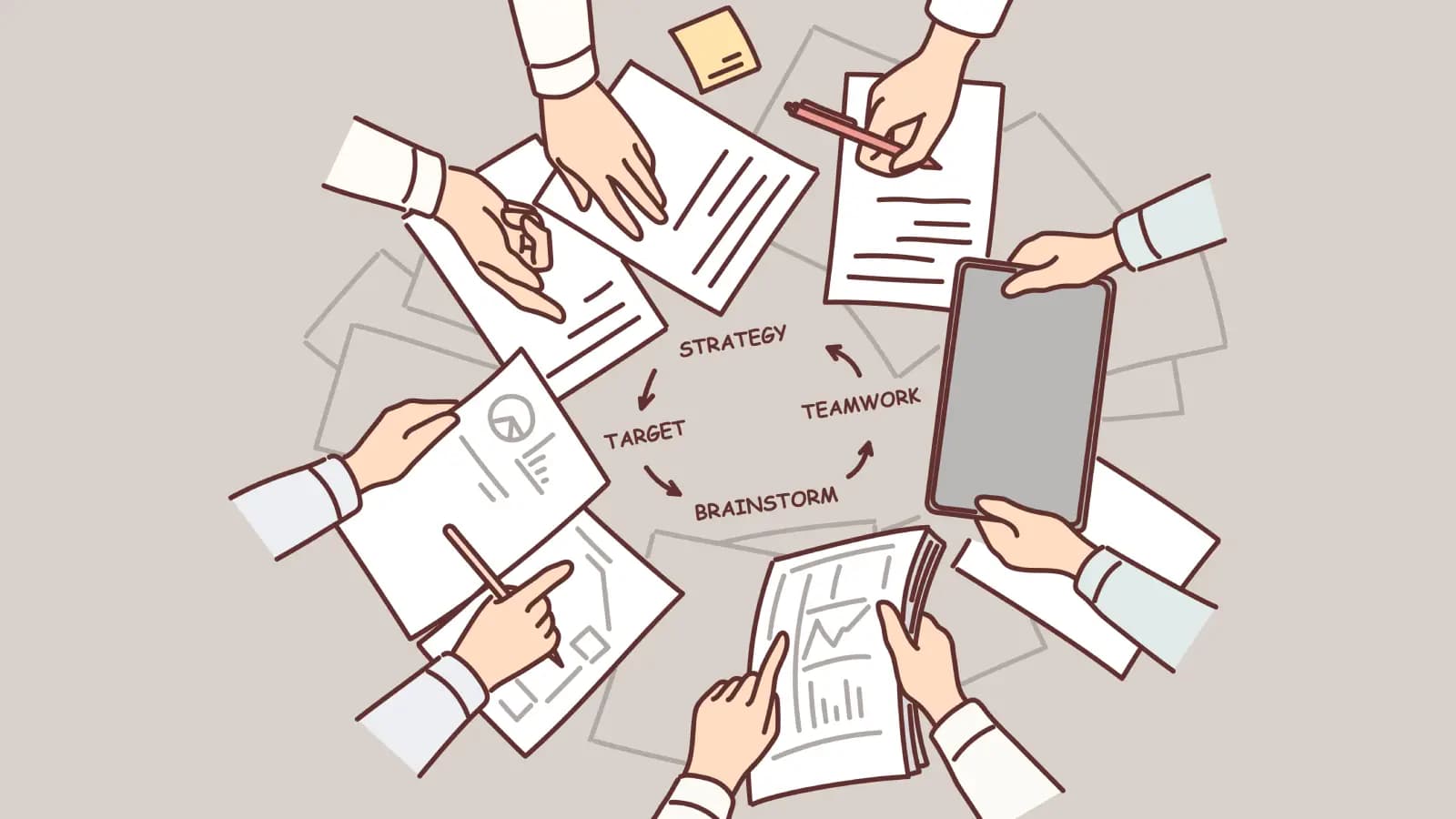 Hands of people over table with documents doing teamwork and strategizing during brainstorming