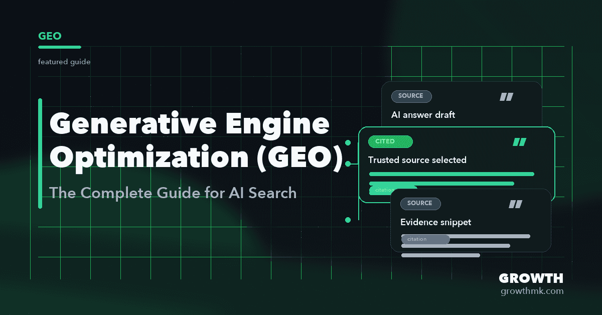 Featured image for a Generative Engine Optimization guide, showing AI answer citation cards with one highlighted source on a dark Growth-branded background.