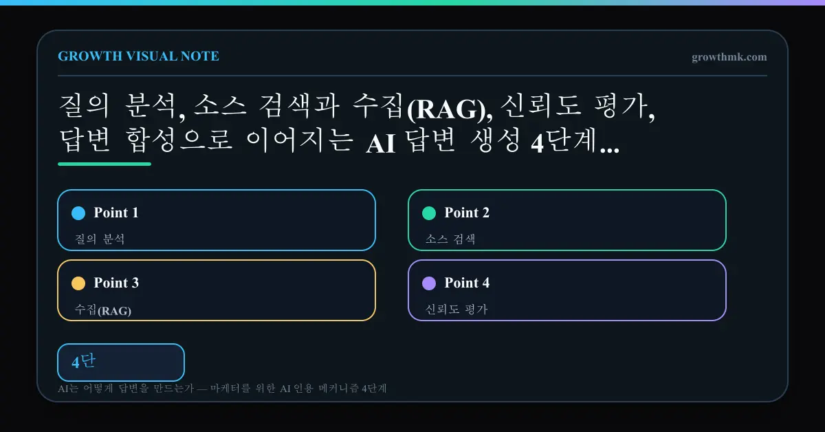 AI 답변 생성 4단계 파이프라인 질의 분석, 소스 검색과 수집(RAG), 신뢰도 평가, 답변 합성으로 이어지는 AI 답변 생성 4단계 파이프라인을 단계별로 표현한 다이어그램