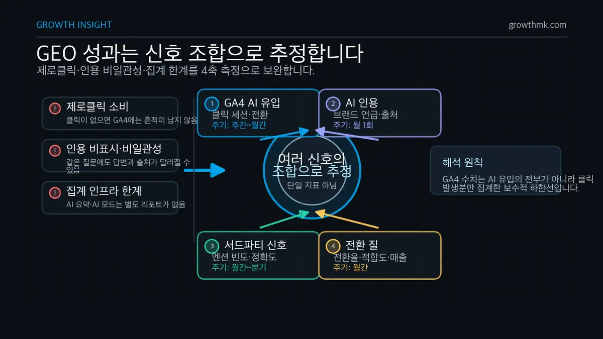GEO 성과 측정 4축 신호 프레임워크 제로클릭과 인용 비일관성 때문에 GEO 측정은 GA4 유입, AI 인용, 브랜드 멘션, 전환 질 평가를 함께 봐야 함을 보여준다.