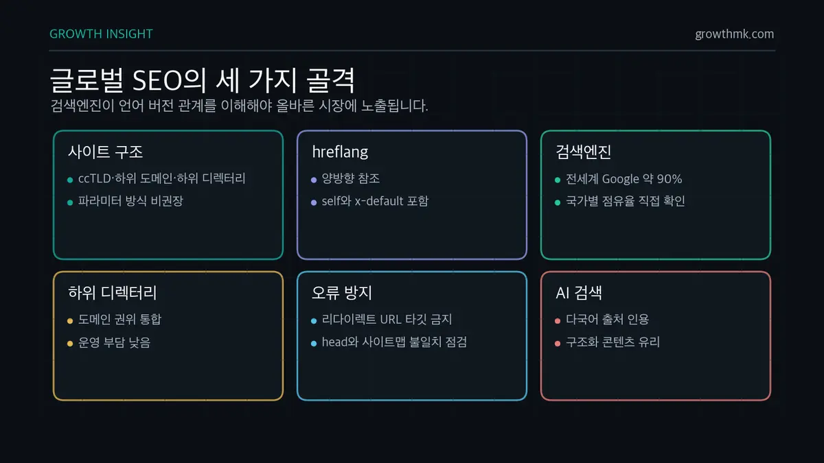 글로벌 SEO의 세 가지 골격 글로벌 SEO는 다국어 사이트 구조, hreflang 상호 참조, 국가별 검색엔진 점유율 확인을 함께 설계해야 한다.