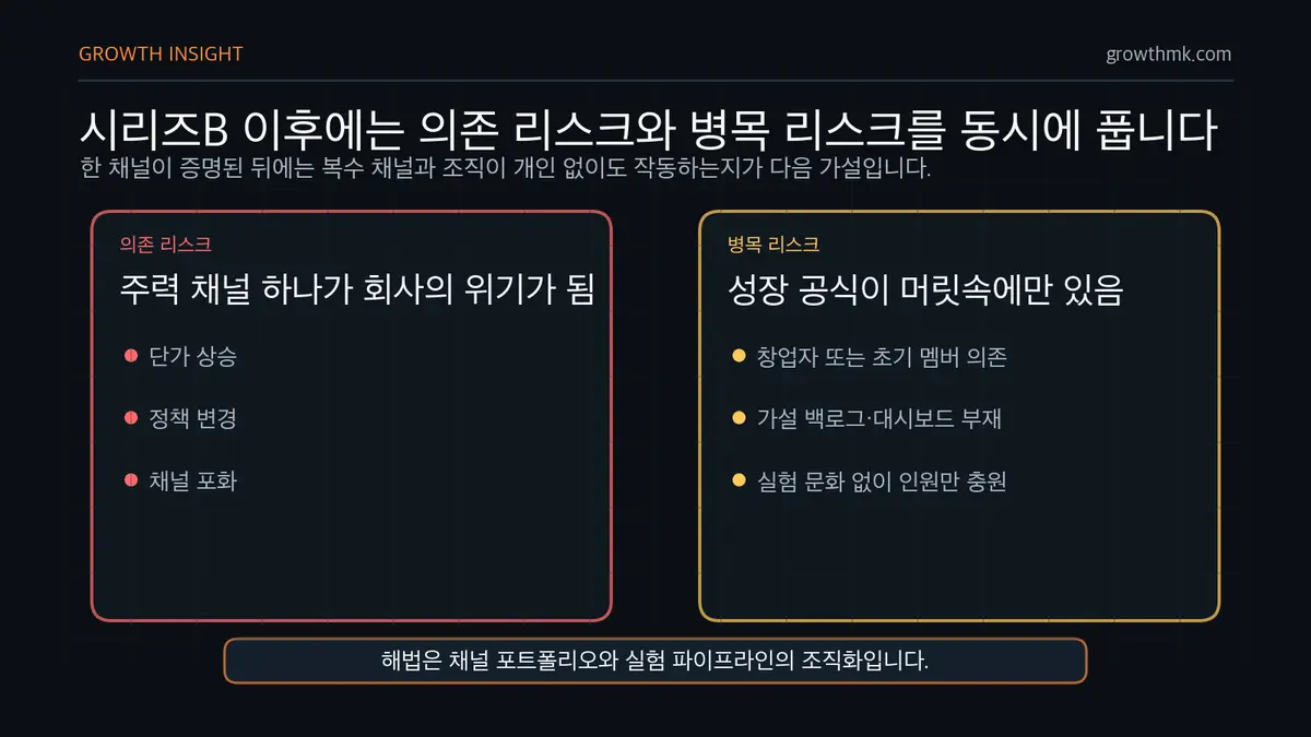 시리즈B 이후 확장 리스크 스타트업 마케팅 전략은 시리즈B 이후 의존 리스크와 병목 리스크를 채널 포트폴리오와 조직화로 풀어야 함을 보여준다.