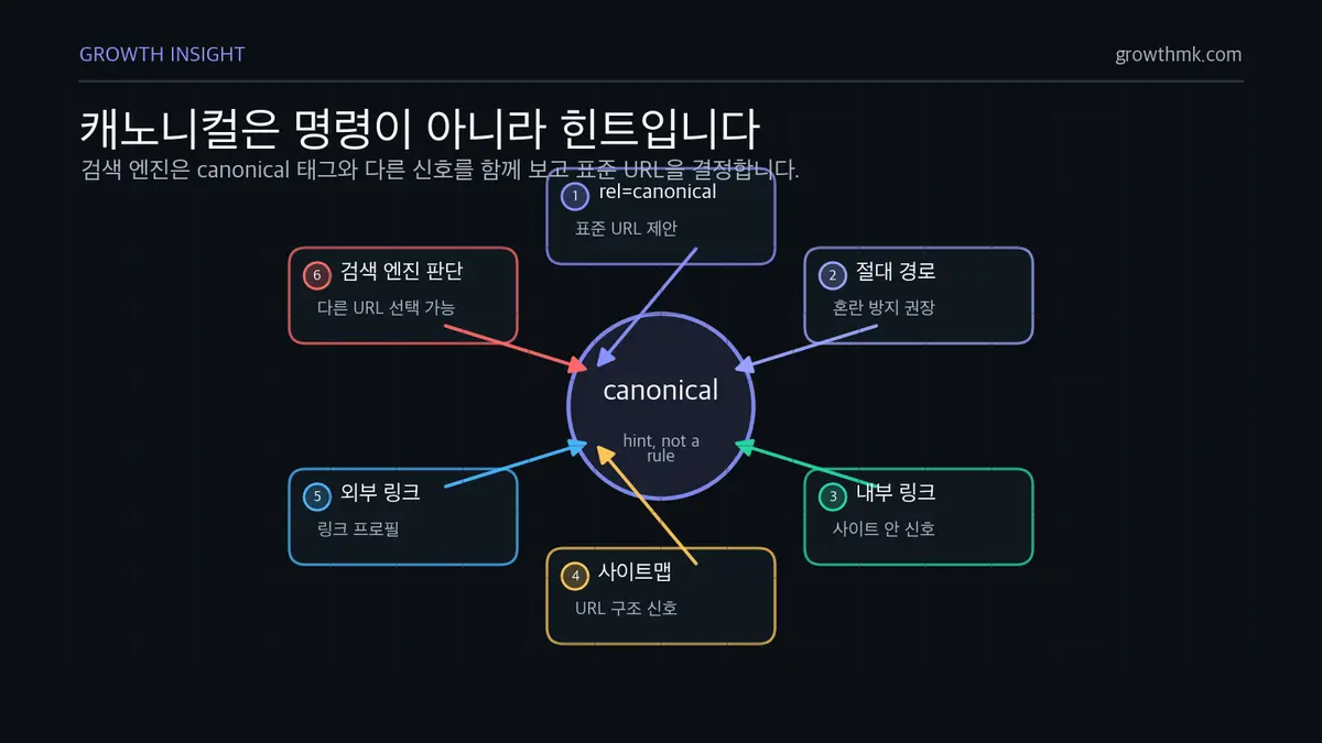 캐노니컬은 명령이 아니라 힌트입니다 캐노니컬 태그는 규칙이 아니라 힌트이며 내부 링크, 사이트맵, 외부 링크 같은 신호와 함께 표준 URL 판단에 쓰입니다.
