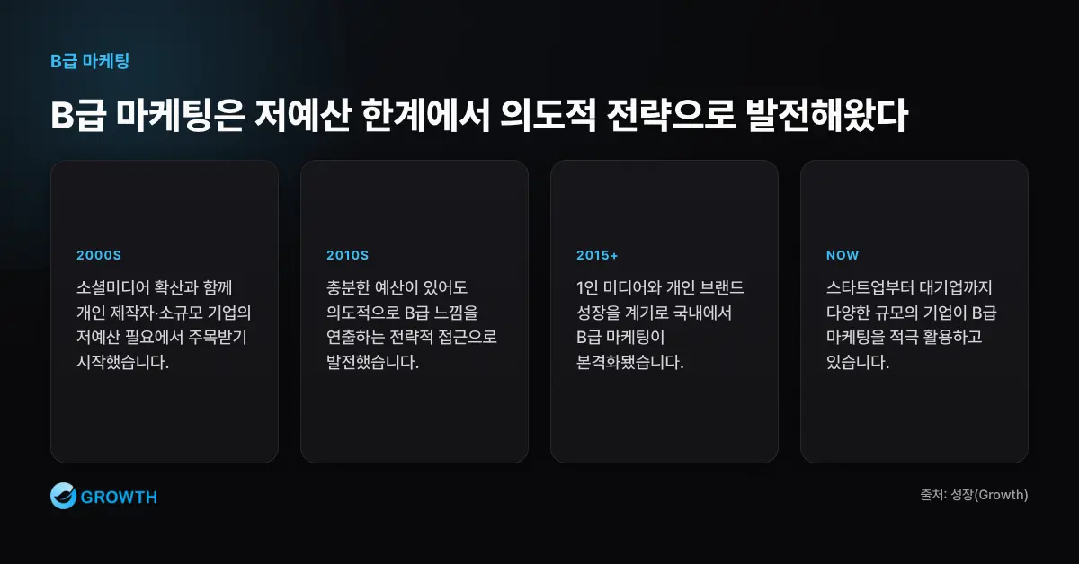 B급 마케팅 발전 과정 B급 마케팅은 2000년대 후반 소셜미디어 확산에서 주목받고 2010년대 의도적 전략으로 발전했으며 국내에서는 2015년 이후 본격화됐다.