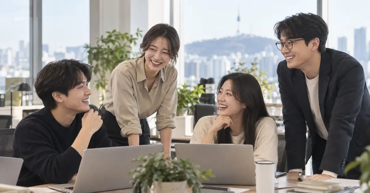 밝은 사무실에서 함께 웃으며 대화하는 30대 한국인 여성과 남성 동료들