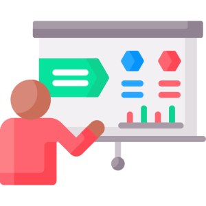 SEO 컨설팅, 스크린에 비친 장표와 시각화된 데이터 등으르 설명하고 있는 사람의 모습이 아이콘으로 형상화되어 있다