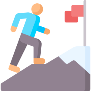 SEO Driven, 산 정상의 목표 깃발을 향해 끊임없이 오르고 있는 사람의 모습을 형상화한 아이콘이다.