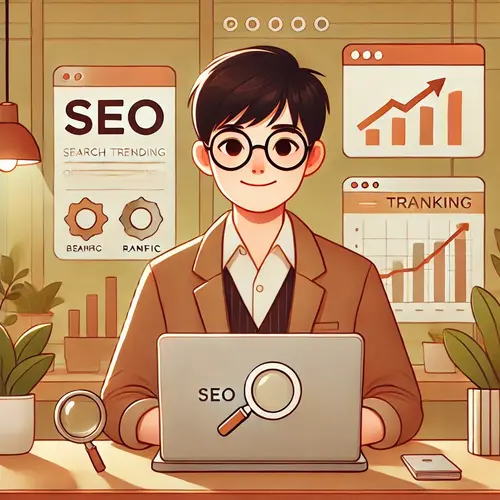 SEO 대행사 대표가 노트북을 다루고 있고, 뒤 배경으로 SEO와 관련된 여러 그래프와 시각 자료들이 펼쳐져 있다.